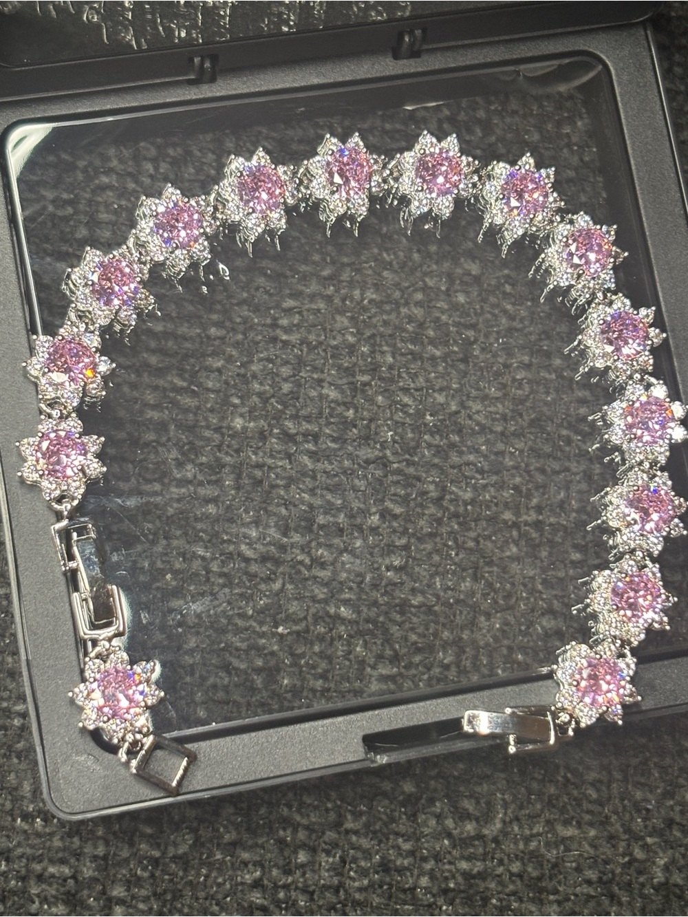 Silver Bracelet with Pink diamond Floral Accents
